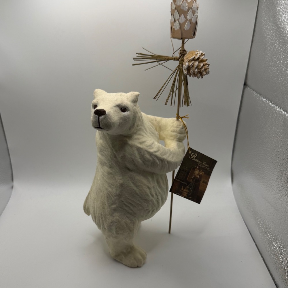Bethany Lowe Designs Polar Bear Figurine with Pinecone Staff Christmas Folk Art